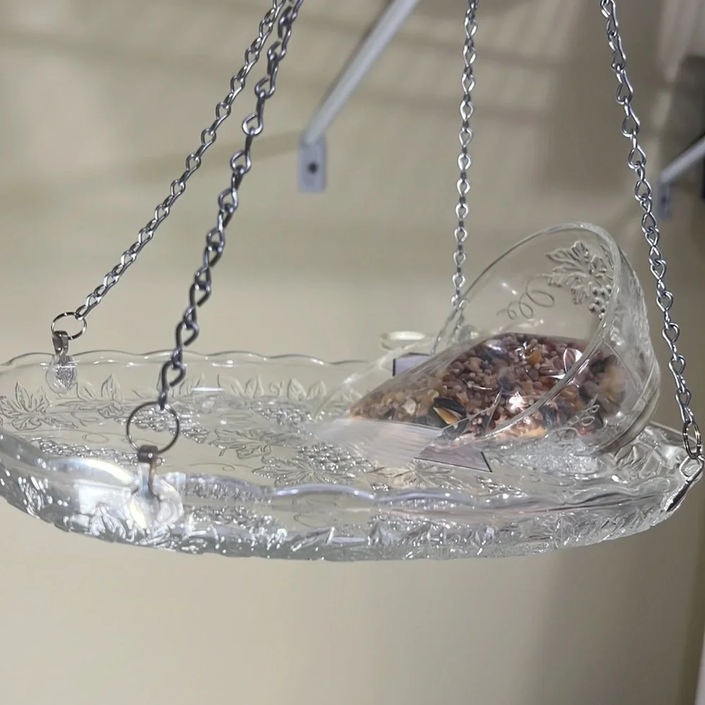 Snack plate and punch cup bird feeder made of vintage glassware